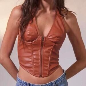 Urban outfitters out from under hot stuff leather zip up halter corset tan brown